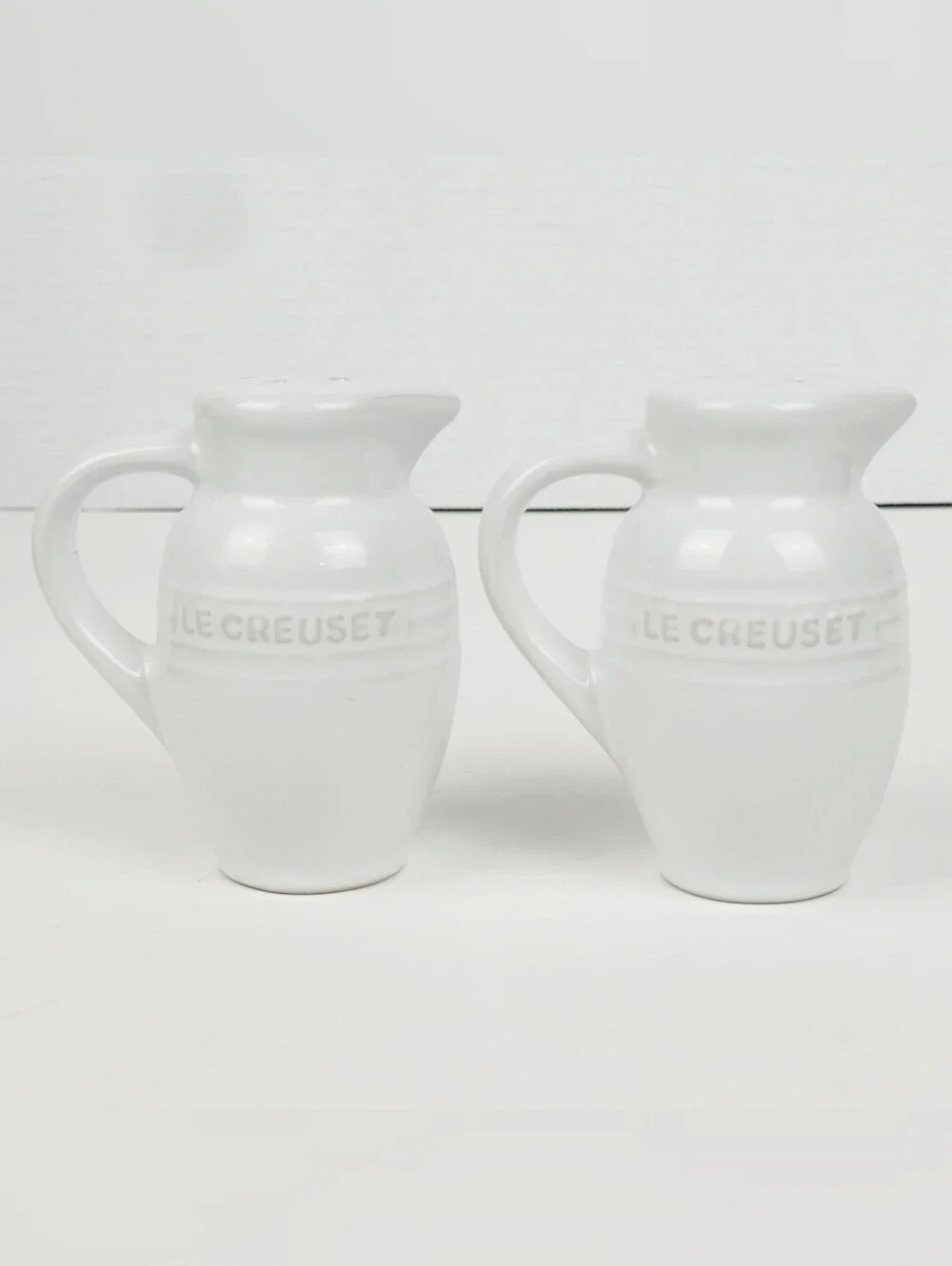 Vtg 90s~Le Creuset Stoneware Mini Pitcher Salt & Pepper Shakers~White~Unused
